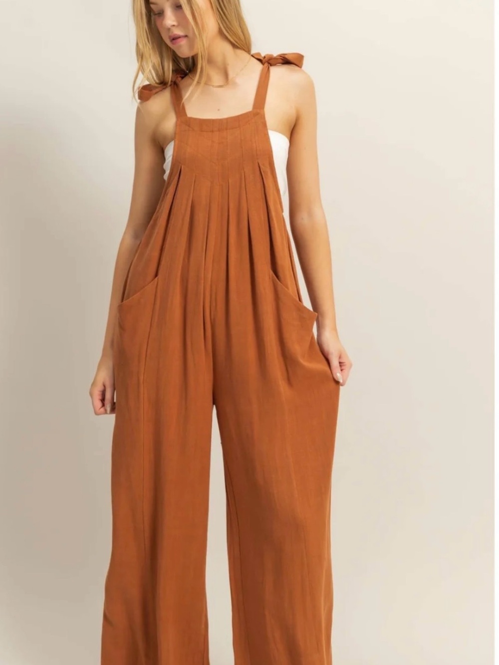 HYFIVE Brown Cotton Jumpsuit with pockets and self-tie shoulder straps. Size M
